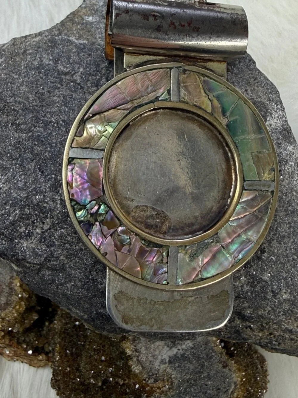 Vintage 900 Silver Abalone Shell Money Clip Mexico 16.71g